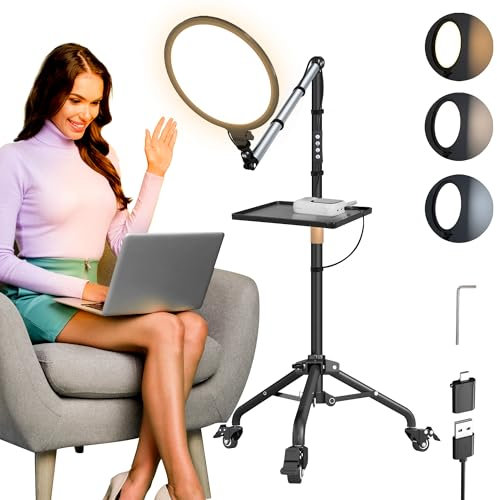 10 LED Video Light, 193cm Fill Light with Moveable Tripod & Flexible Arm, 3000K-6500K Full-Screen Ring Light with Wheels & Tray & Straps,Soft Lightness for Tattoo/Makeup/Reading/Studio/Photography
