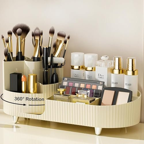 Alvar Makeup Organiser, 360 Rotating Makeup Organiser, Cosmetic Makeup Storage Organizer, Countertop Makeup Perfume Organizer, Lotions Display Case for Dresser, Bathroom, Bedroom (Cream)
