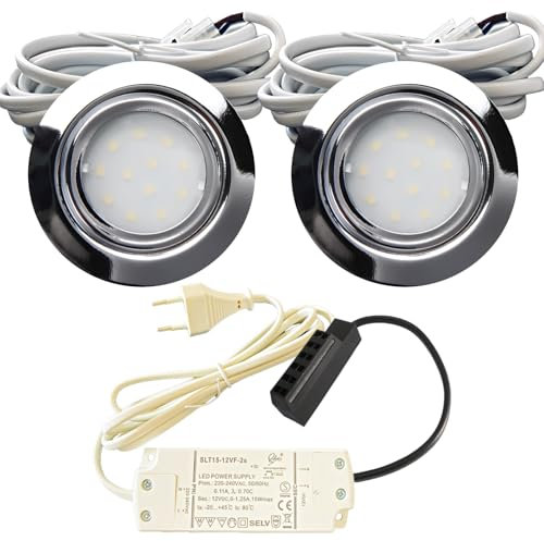 Rolux 2er Set LED Einbauleuchte Leni 12V 2,2W Neutralweiß 4000K Chrom | IP44 für Bad, Küche & Möbel | Mit Plug-and-Play Trafo & 230V Stecker-Zuleitung | Ø54-60mm Lochausschnitt, Flach, Nicht Dimmbar