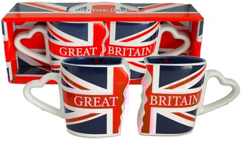 Great Britain Flag Souvenir Twin Pack Mug Set | Union Jack Coffee Mugs with Heart-Shaped Handles | Intricate Ceramic Design, Set of 2 – Perfect Tea & Travel Gift