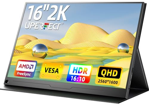 UPERFECT 2K 16 Portable Monitor, 400 Nits QHD 2560x1600 16:10 Screen, Standard HDMI & 2 USB-C Ports, IPS Eye Care Matte Display, Narrow Edge with Metallic Rear Casing, Smart Cover