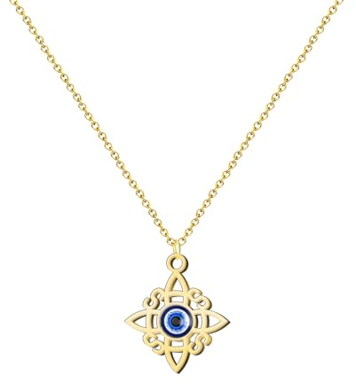 Collana con ciondolo nodo di strega in acciaio inox o filo + un braccialetto a 7 nodi (gratuito), nodo di strega doppia protezione, portafortuna, bigiotteria da donna., Mediano-largo, Acciaio