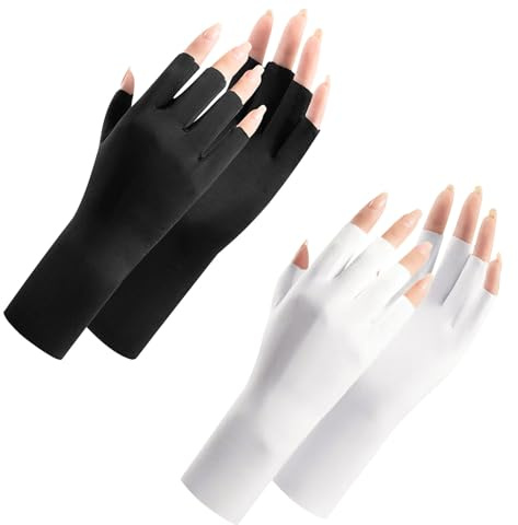 Feelorna 2 paia di guanti da donna protezione solare UV touch screen estivi guanti da ciclismo traspiranti guanti senza dita in seta di ghiaccio per la pesca (nero, bianco, taglia unica)