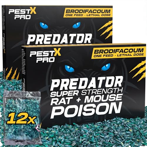 Pest X Pro Predator Rat Poisoning Super Strength (12 Pack) - Powerful Single Feed Rat Killer & Mouse Poison - Brodifacoum in Easy To Use Sachets - Indoor & Outdoor Rodent Control