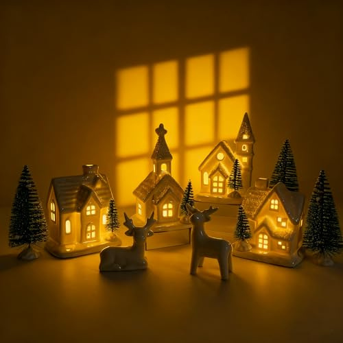 Weihnachtsdorf-Sets für den Innenbereich, weiße Keramik-Dorfhäuser (4) mit Bäumen (7) und Hirschen (2), 13-teilige Tischdekoration, Bauernhaus, rustikale Urlaubsdekoration