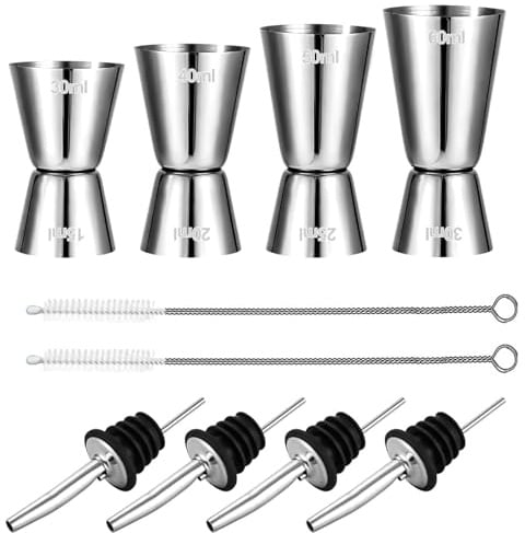 VPAFPEKG 4 Stück Cocktail Messbecher, Edelstahl Barmaß 3cl/4cl/5cl/6cl, Dual Gin Cocktail Messbecher mit Skala, Doppelmaß Jigger mit 4 Flaschenausgießern & 2 Pinseln, Messbecher Cup Set für Bar Party