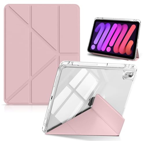 HinZann Custodia per iPad mini (A17 Pro) 2024 / iPad Mini 6 Generazione 2021 8,3 Pollici Cover con Portapenne, Ultrasottile Trasparente Cover con Auto Sveglia/Sonno per iPad mini7/6 - Rosa