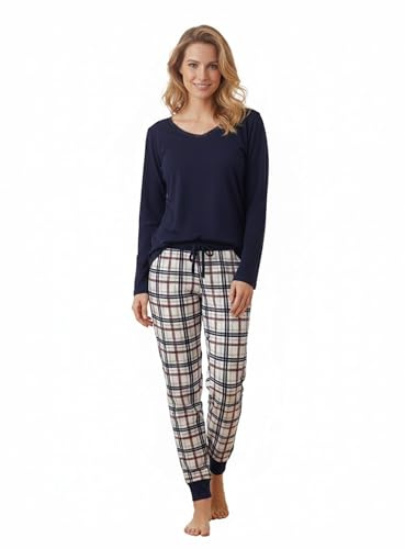 Good Deal Market Langer Damen-Pyjama Damen Nachtwäsche lang Rundhalsauschnitt Highlight Langarm Schlafanzug Navy mit Karierter Hose Gr. 44/46 Baumwolle 100% Schlafanzug mit Knöpfen