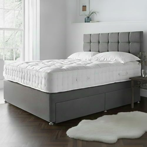 STONEGATE BEDS Double Bed Set 4 FT 6 with 10 Inch Orthocare Memory Mattress - Grey Linen Divan Beds Set with Storage Drawers - 26 Inch Headboard with Chrome Glider Feet 4FT6 Double Bed - Grey Linen