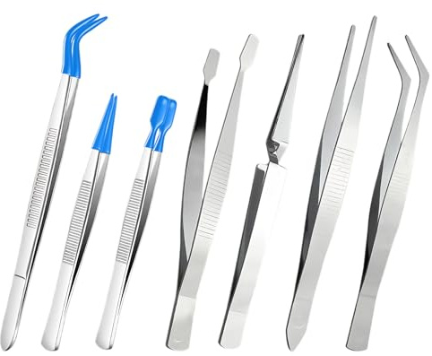7 Pièces Pinces de Précision en Acier Inoxydable Antistatique ESD, 3 Pinces à Embouts en Caoutchouc, 4 Brucelles (Droite, Plate, Courbée, Croisée) pour Électronique, Artisanat, Beauté, Pose de Cils