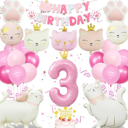 Traum Katzen Deko Set, Girl Banner Deco, Folienballon Katze 3 Jahre