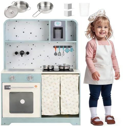 Design-Kinderküche im modernen Hausstil, große Spielküche mit Herd, Backofen, Spüle, funktionsfähiger Kaffeemaschine und Stauraum, Kinder ab 3 Jahre aus Holz und Kunststoff