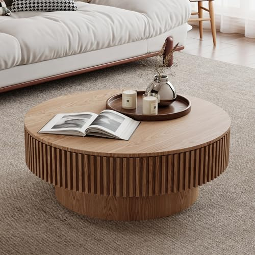 FammyLoft Couchtisch mit Stauraum, Modern Round CoffeeTable, 75cm | Fluted Design,Kid & Pet Friendly