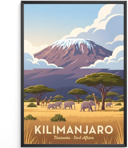 MJ-GRAPHICS® Poster Kilimandscharo Kunstdruck Elefanten Wandbild Safari Deko East Africa Stil Landschaft Wohnzimmer Farbig Retro Vintage Wanddeko A3 ohne Rahmen
