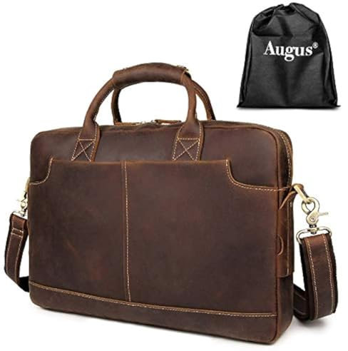 Augus Maletín de cuero para laptop para hombre, impermeable, bolsa de viaje para laptop de 15.6 pulgadas, Marrón, Talla única, Maletín
