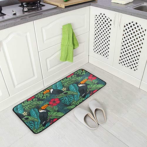 Mnsruu Küchenmatte Tukan und Palm Blätter Muster rutschfeste Rückseite Fußmatte Boden Küche Teppiche Bad Läufer Matten Teppich, 99 X 50.8CM