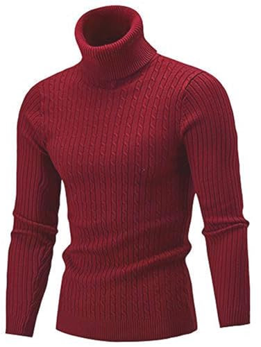 AIDEAONE Mens Turtleneck Sweater Casual Ribbed Slim Fit Knitted Jumper High Roll Neck Basic Turtleneck Pullover, Dark Red, XL