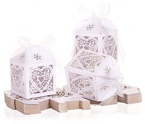 GWHOLE 60 Pz Scatola Regalo di Nozze, Scatole Bomboniera Matrimonio Favore Scatole Caramella con Nastro per Matrimonio Anniversario Festa, Natale, Bianca