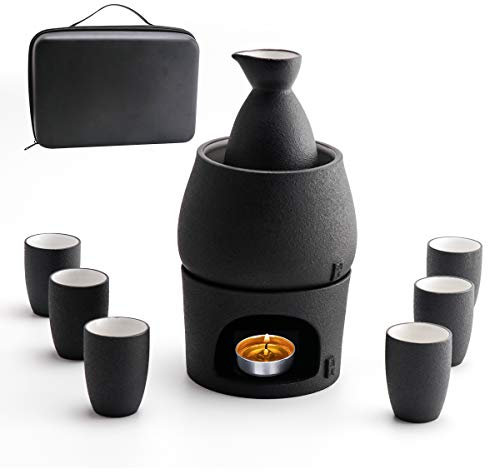 Lyty Sake Set and Cups with Warmer Keep Sake Storage Gift Box, Traditional Porcelain Japanese Pottery Hot Saki Drink, 9pcs Include 1 Stove 1 Warming Bowl 1 Sake Bottle 6 Cup (Black)