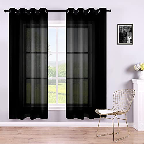 KOUFALL Schwarze Vorhänge, 183 cm lang, 2 Paneel-Sets für Wohnzimmer, Ösen, einfarbig, schwarz, durchscheinende Vorhänge für Schlafzimmer, 132 x 183 cm lang