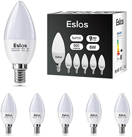 Eslas 6W E14 LED Candle Light Bulb, Cool White 6000K, C37 600lm, SES Small Edison Screw Candle Light Bulbs, 60 Watt Equivalent, Non-Dimmable, 6 Pack
