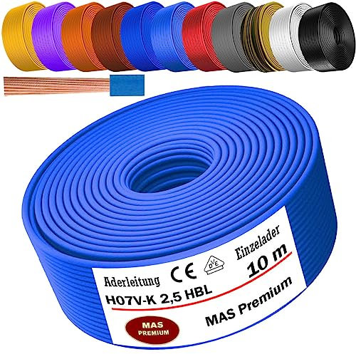 MAS Premium Aderleitung H07 V-K 1x2,5 mm² HBL GRGE RT DBL BR OR GR WS VIO oder GE Einzelader flexibel Von 5 bis 100m (Hellblau, 10m)