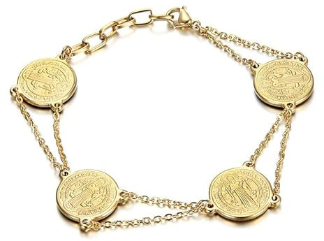 BOBIJOO JEWELRY - Bracelet Femme Médaille Saint-Benoît Acier Inoxydable 316L Or Doré Plaqué Protection Exorcisme