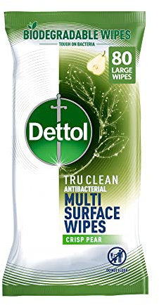 Dettol Tru Clean Biodegradable Crisp Pear Antibacterial Wipes, Pack of 80