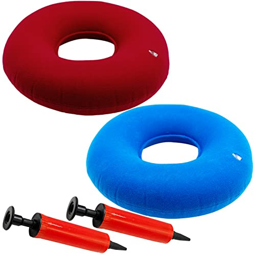 Aufblasbares Donut-Ringkissen, 40 cm, mit Pumpe für Hämorrhoidenbehandlung, Sitz, Steißbeinkissen, Perineumschmerzen, Schwangerschaft, Geburt, Prostatitis, Rollstühle, Auto (hellblau + rot), 2 Stück