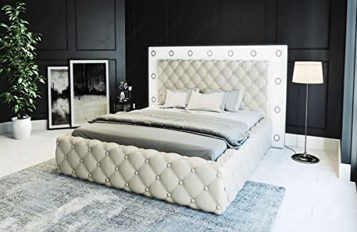 Sofa Dreams Boxspringbett Alessandria Lederbett mit LED Beleuchtung Bett in den Größen 140x200 160x200 180x200 200x200 200x220 (200 x 220 cm, Beige-Weiß)