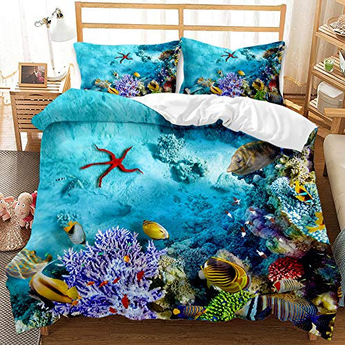 AOXHFNV Bettwäsche Meeresschildkröten 135×200cm Blaue Unterwasserweltthemastarfish kleine Fische und korallenroter Musterbettbezug für Kinder Junge Mädchen (Seestern)