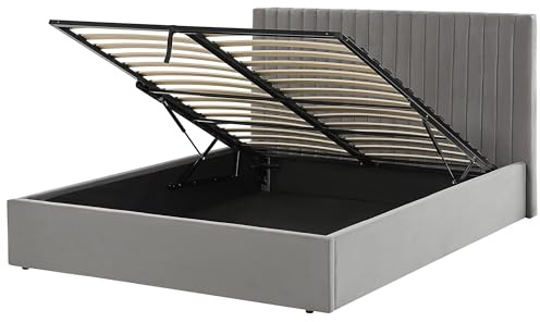 Beliani with Storage Upholstered Sturdy Frame Ottoman Bed 160x200 Cm Eu King Size Velvet Grey Vion