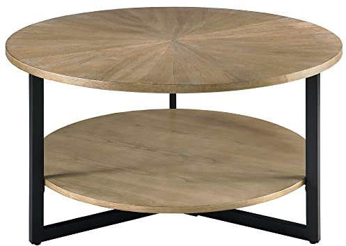 PADMA HOUSE Table basse ronde en bois massif, table de salon, table de canapé, structure en métal, table basse à 2 étages, table basse,facile à monter 1336 Couleur Bois Vintage ⌀85x45,5cm
