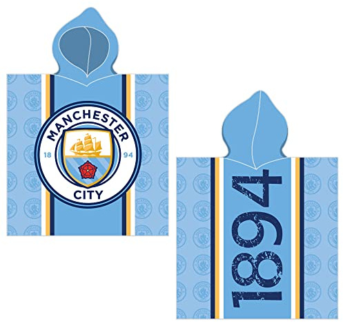 Manchester City Kinder Kapuzen Bade-Poncho Logo Blau 60 x 120 cm 100% Baumwolle Veloursqualität Bademantel Pareo Badetuch Strandtuch Duschtuch Handtuch Fußball Etihad Stadium Football Citizens