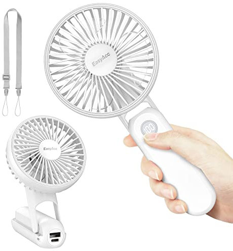 EasyAcc Ventilador de Mano Portátil USB, 2600mAh Ventiladores Cuello Recargable con 3 en 1, 5 Velocidades, 8 H de Uso, Pantalla LED, 180° Plegable, Potente para Hogar, Oficina y Viajes, Blanco