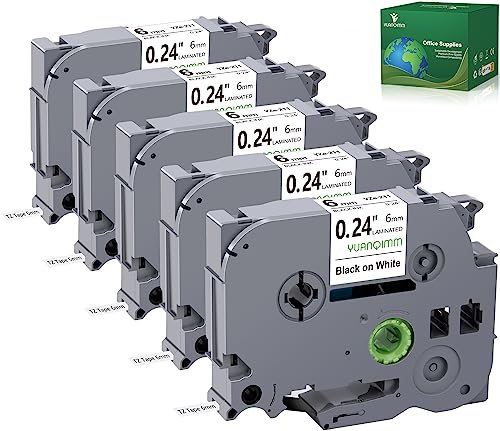 YUANQIMM Kompatibel mit Brother PTouch TZ Klebeband 6 mm 0,24 laminiert weiß TZe-211 TZe211 1/4 Zoll Schwarz auf Weiß Tape Nachfüllpackungen für P Touch PTD210 Etikettendrucker, 5 Stück