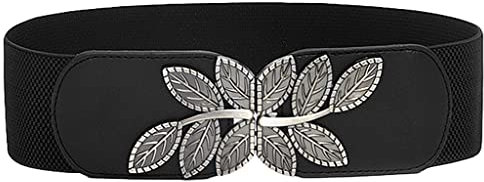 Weenkeey Breiter Elastischer Taillengürtel Vintage Breiter Hüftgürtel Mode Cinch Gürtel mit Blatt Schnalle für Kleid Hemden Mantel - Schwarz
