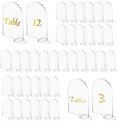 CDIYTOOL Letrero acrílico de Arco en Blanco con Soporte, Placa acrílica Transparente arqueada Redonda, Tarjetas de Asiento, números de Mesa, letreros para Boda, Evento, decoración (40 Piezas)