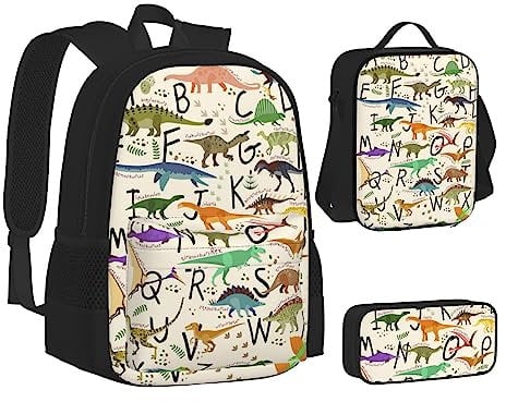 AABSTBFM Tower Paris Schulbücher-Set mit Lunchtasche, Federmäppchen, Reise, Laptop, Rucksack, Schultasche, 3-teiliges Set, Stilvolle Lern-Alphabete mit Dinosauriern, Einheitsgröße, Schulrucksack