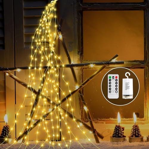 GEEKEO Lucine a Cascata LED Decorative a Batteria 1M 100 LED, 8 Modalità di Illuminazione Luci Natale Impermeabili con Telecomando per Interno Esterno Camera Giardino Festa