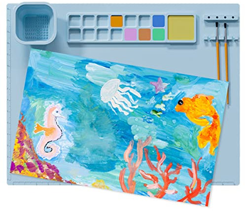 Silicone Craft Mat for Kids - 21 × 18inch Art Mat with Palette Cup Holder - Non-Stick Sheet for Crafting, Watercolour Painting, Cutting, Art Creation, Clay & DIY Projects (Blue)