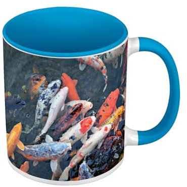 Tasse, Farbe Premium Qualität, Blau – Karpfenbank Koi Japan Fisch See – Tasse mit Henkel und farbigem Innenfutter