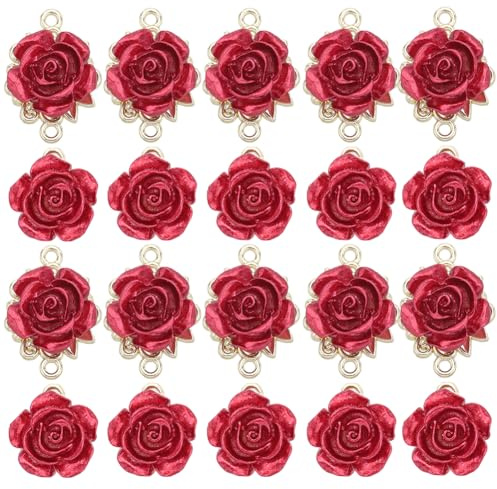 SUNNYCLUE 1 Box 24Pcs Valentines Day Rose Connectors Rose Flower Charms Bulk Alloy Gold Mini Red Floral Love Linking Connector Charm for jewellery Making Charms DIY Necklaces Earrings Wedding Craft