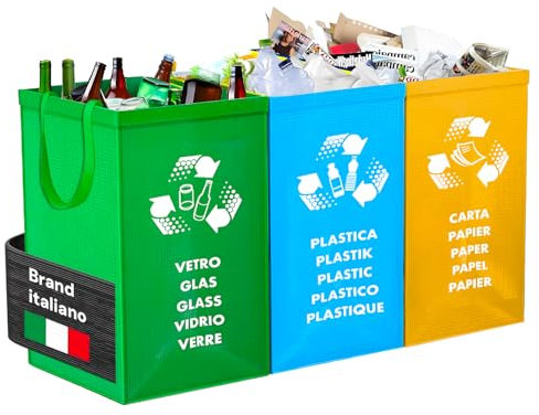 Avilia Set mit 3 waschbaren Müllbeuteln – Set mit bunten Müllbeuteln für Glas, Papier, mit Griffen, aus PVC, selbsttragend, 49,5 x 19,5/22/25 x 35 cm, Grün, Gelb und Blau, hergestellt in Italien