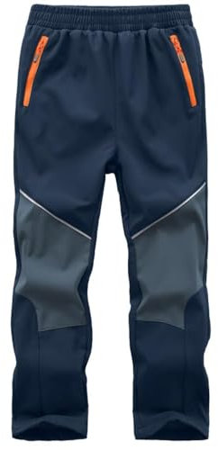 Zzkouine Pantaloni Sci Bambino Pantaloni Trekking Softshell da Neve, Impermeabili e Anti Vento Pantalone Bambini con Fodera in Pile, Blu Scuro/Grigio 152-158