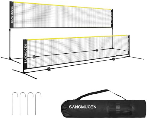 SANGMUCEN 5m Badminton Netz, Volleyballnetz Garten, höhenverstellbare Stangen, tragbares Set, leicht auf- und abbaubar Ideales Sportnetz für Tennis, Badminton oder Volleyball Schwarz und Gelb TBN005Y