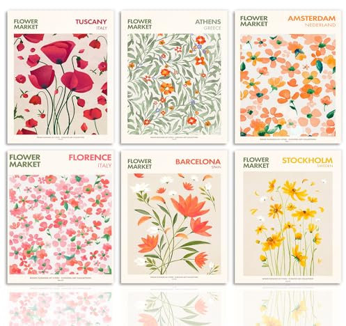Dazzlewall Blumen Markrt Wandbilder Vintage Botanische Leinwand Bilder für Schlafzimmer Wohnzimmer Deko 20x25 cm Ohne Rahmen 6er Set
