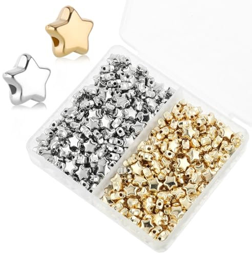 Teaaha 400 STK 6mm Stern Perlen, Sternform Perlen Große Pentagramm Loch Spacer Perlen, Star Abstandsperlen Spacer Perlen Für Armbänder Charme Halskette Schmuck Handwerk Machen(Gold und Silber)