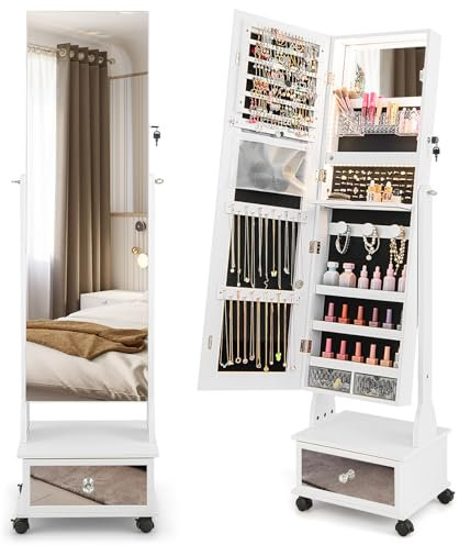 HOMASIS Schmuckschrank mit 3 Spiegeln, winkelverstellbarer Spiegelschrank mit LED-Lichtern, Schmuckspiegel mit 4 Rädern, abschließbarer Ganzkörperspiegel mit vielem Stauraum (Weiß)