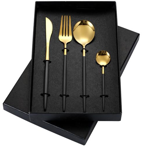 Pasdrucn 4 Pièces Ensemble de Couverts, Ensemble de Couverts en Acier Inoxydable Noir et Or, Couverts de Table pour Réunion de Famille, Dîner (noir)